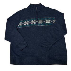 Falls Creek Men's XL Navy 1/4 Zip Sweater With Snowflake Pattern Cotton/Wool